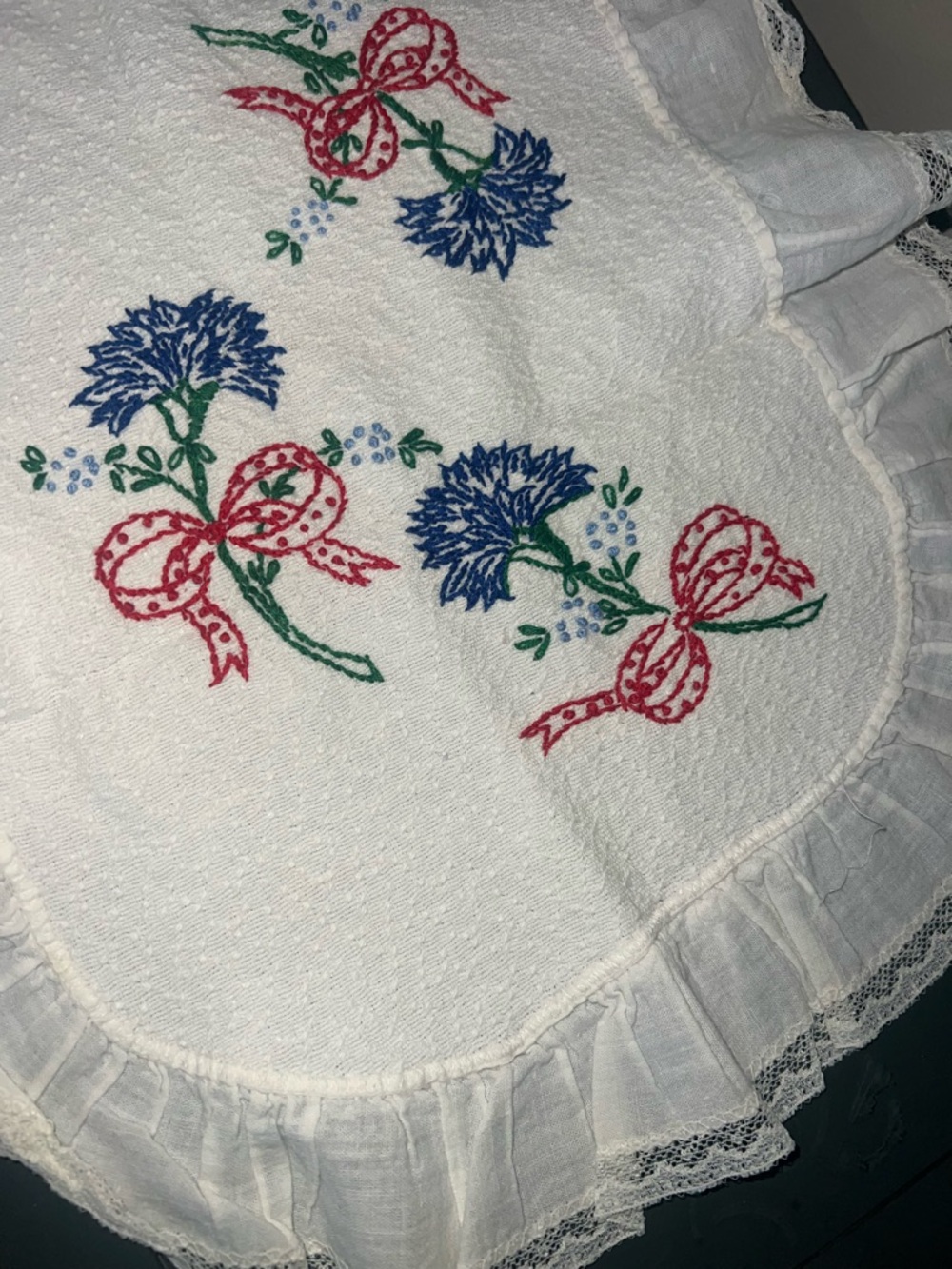 Vintage White Runner with Blue Floral and Pink Bows embroidered
